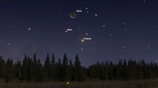 See the crescent moon form a triangle with Mars and Antares in the predawn sky on Jan. 20, 2020. 