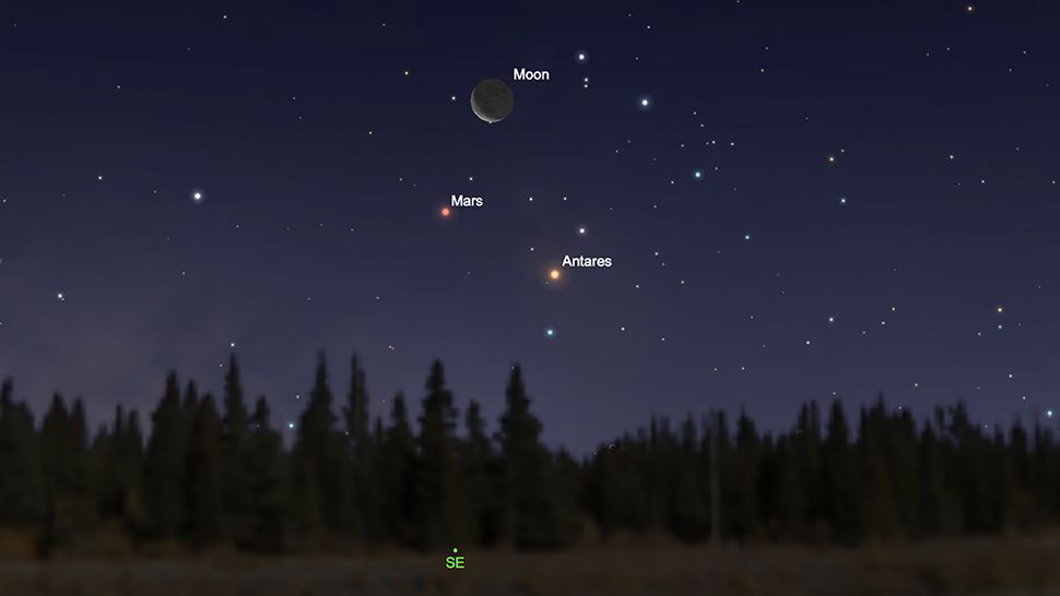 See the moon, Mars and Antares form a triangle in Monday's predawn sky