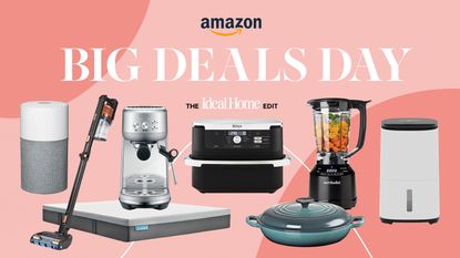 Cut-out of products including air purifier, cordless vacuum, coffee maker, mattress, air fryer, blue le creuset pan and dehumidifier on a pink background with text that reads &#039;Amazon Big Deals Day the Ideal Home edit&#039;