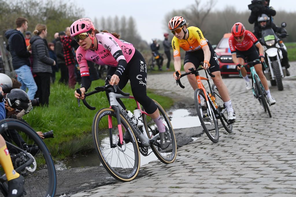 ROUBAIX FRANCE APRIL 08 Alison Jackson of Canada and Team EF EducationTibcoSvb competes in the breakaway during the 3rd ParisRoubaix Femmes 2023 a 1454km one day race from Denain to Roubaix UCIWWT on April 08 2023 in Roubaix France Photo by Tim de WaeleGetty Images