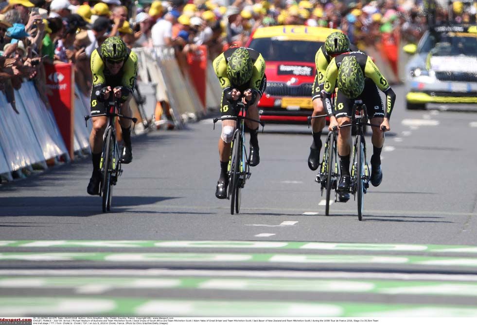 Mitchelton Scott come over the line in the TTT at the Tour de France