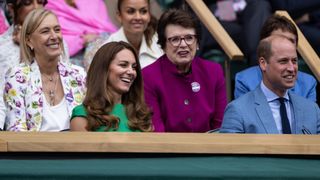 Prince William, Duke of Cambridge and The Duchess of Cambridge sharing a joke with Billie Jean King and Martina Navratilova in the royal box at the Women's Singles Final at The Wimbledon Lawn Tennis Championship at the All England Lawn and Tennis Club at Wimbledon on July 10, 2021 in London, England.