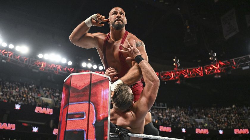 Bron Breakker turns to the crowd at WWE Raw Ludwig Kaiser at his mercy at the turnbuckle.