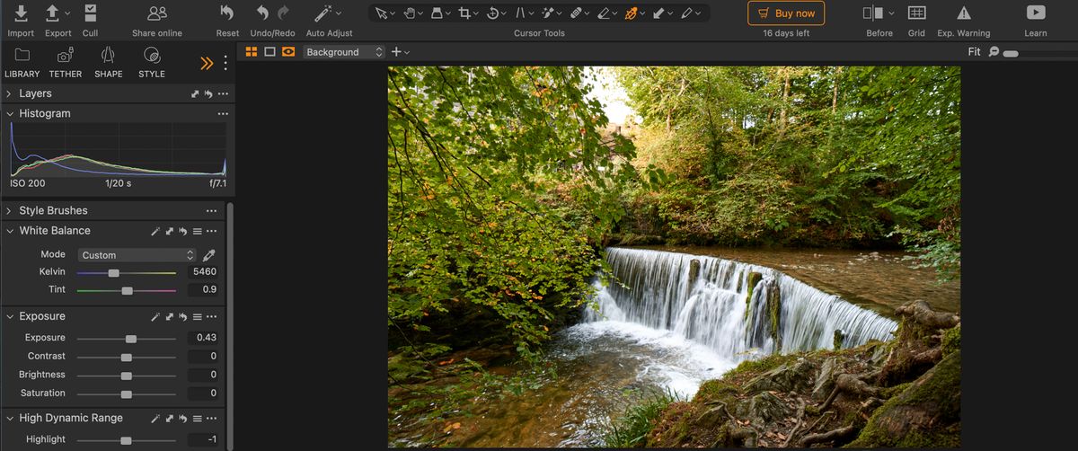 Image shows a photo of a waterfall being edited in Capture One Pro 23