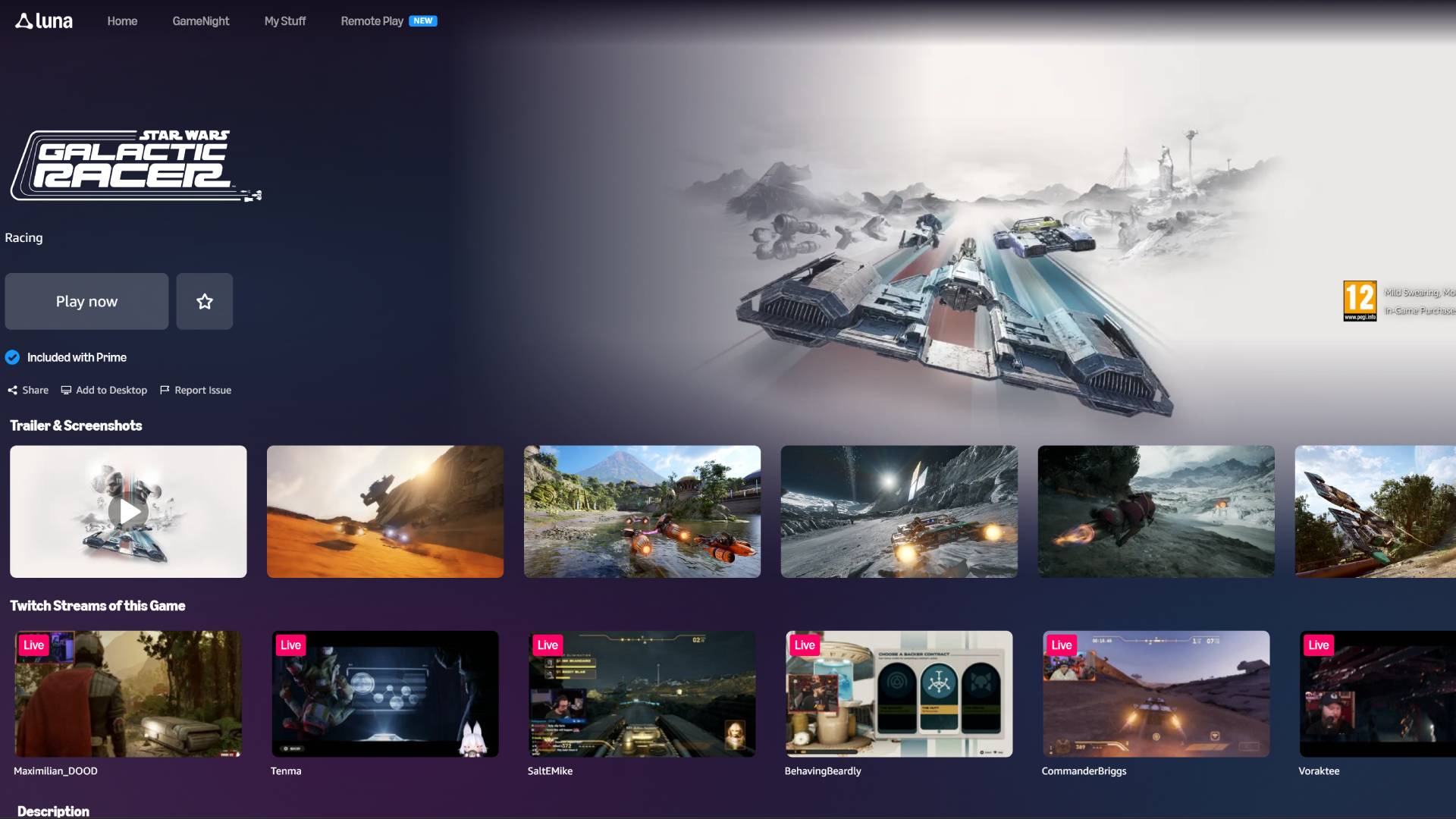 Star Wars Galactic Racer on Amazon Luna menu