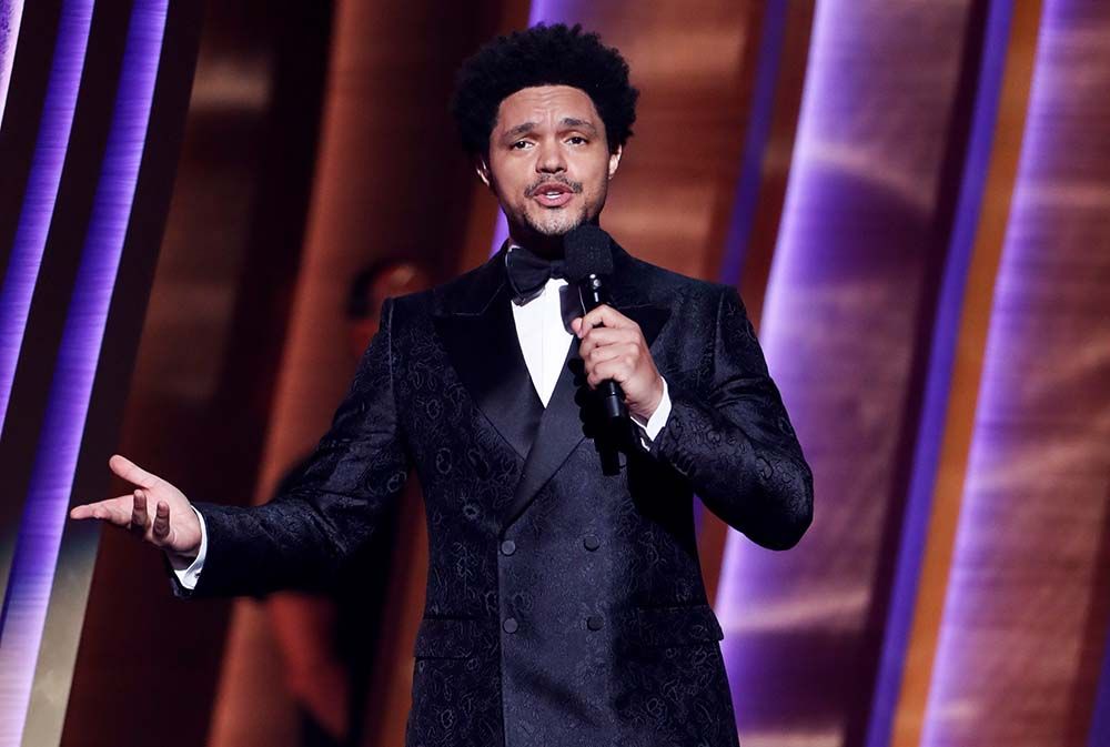 Trevor Noah on stage at the 64th annual Grammy Awards