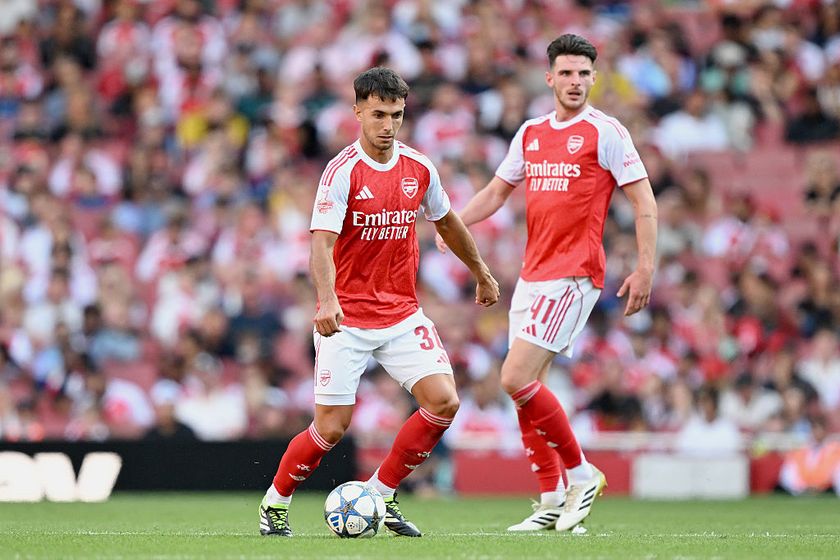 Martin Zubimendi and Declan Rice of Arsenal look on during the pre-season friendly match between Arsenal and Athletic Club at Emirates Stadium on August 09, 2025 in London, England.