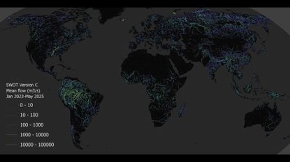 An image of the world with various lines of green and blue showing the river system with a table of numbers on the left showing main flow levels corresponding to various colors. 