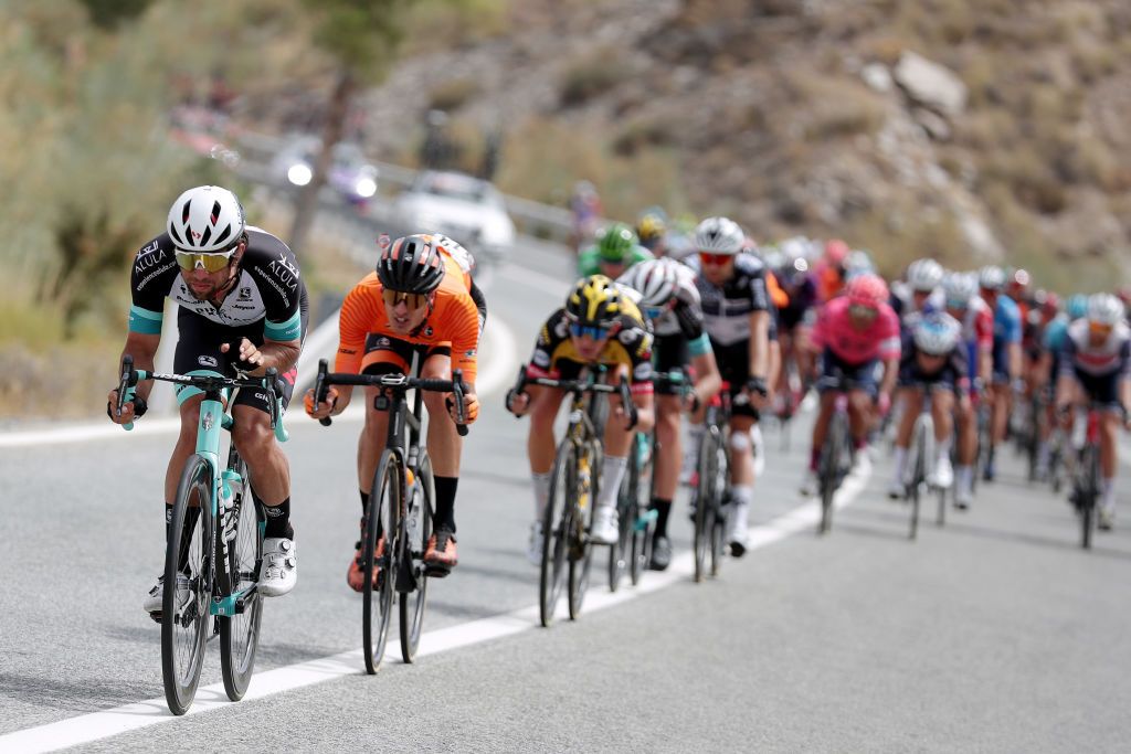 VELEFIQUE SPAIN AUGUST 22 Michael Matthews of Australia and Team BikeExchange leads the peloton during the 76th Tour of Spain 2021 Stage 9 a 188 km stage from Puerto Lumbreras to Alto de Velefique 1800m lavuelta LaVuelta21 on August 22 2021 in Velefique Spain Photo by Gonzalo Arroyo MorenoGetty Images