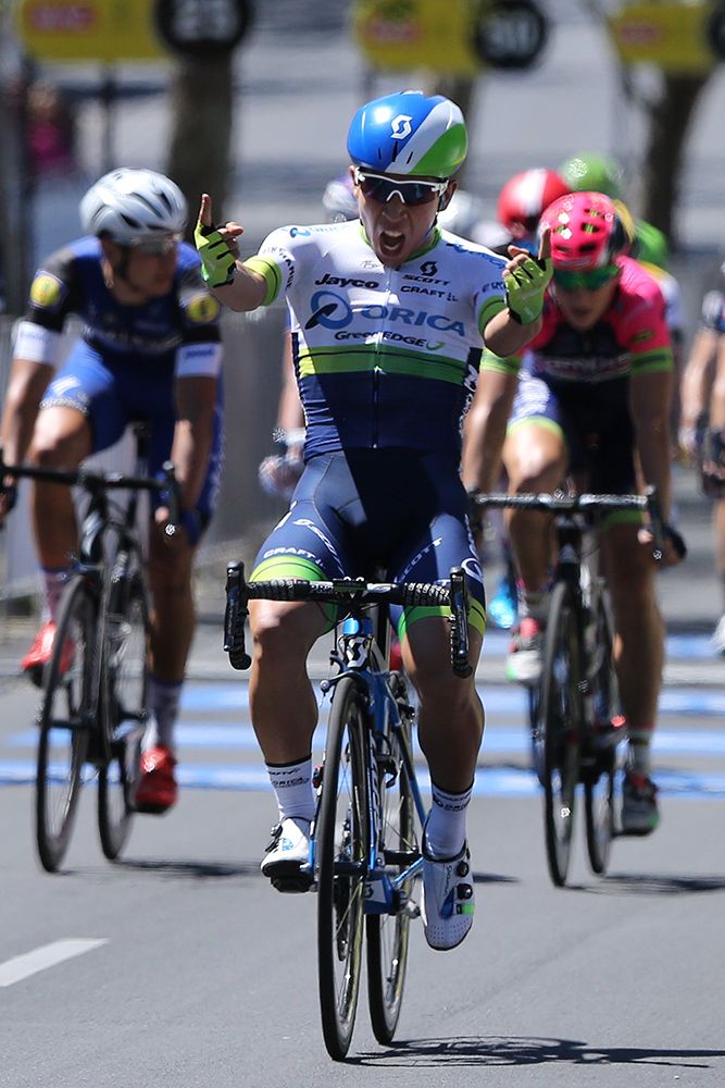 Caleb Ewan celebrates victory