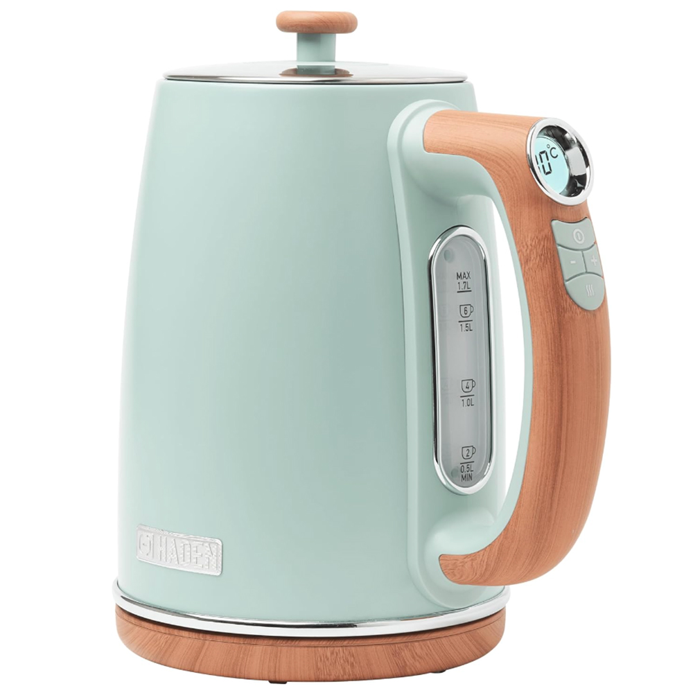 Sage green and wooden kettle