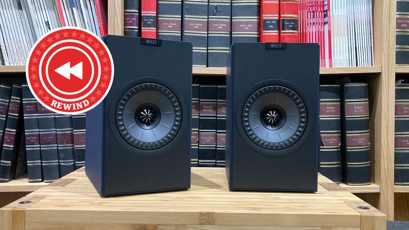 KEF speakers on table with Rewind logo