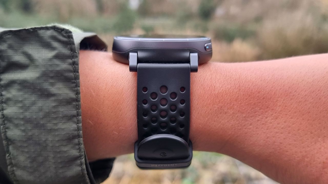 A close-up picture of our reviewer wearing the Amazfit Active Max smartwatch