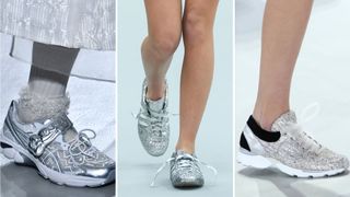 composite of metallic trainers on the runway