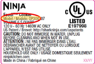 Ninja Foodi pressure cooker model number label
