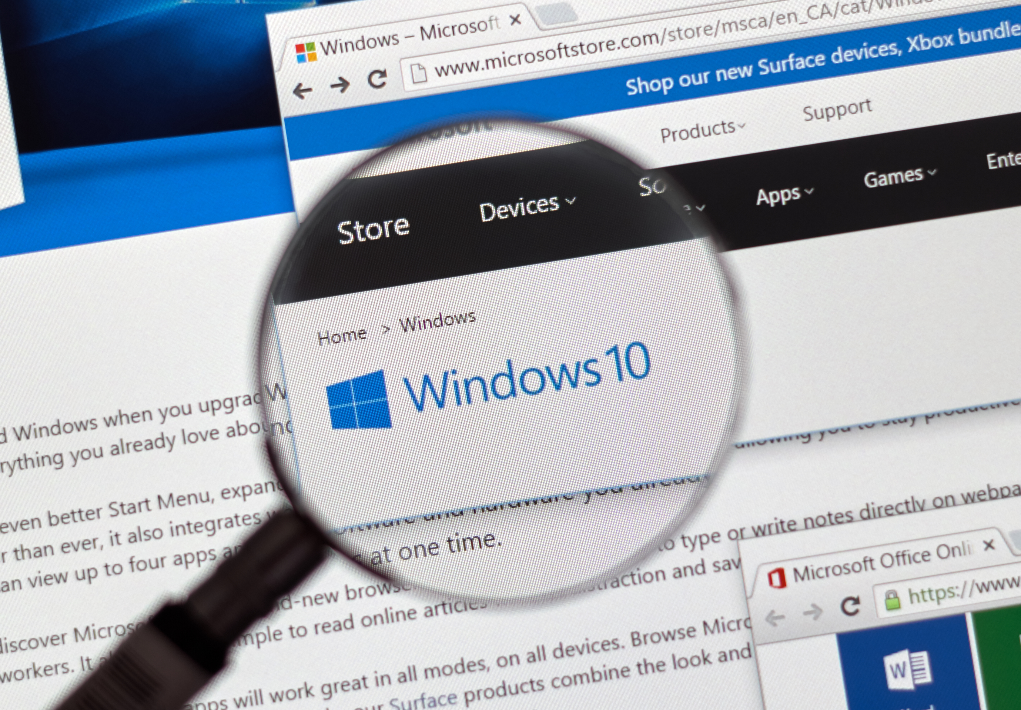 Microsoft Windows on the web under magnifying glass.