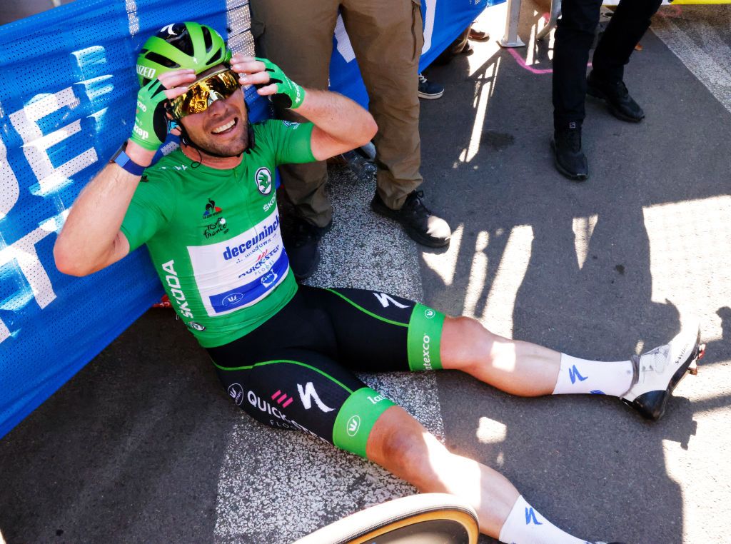 CARCASSONNE FRANCE JULY 09 Mark Cavendish of The United Kingdom and Team Deceuninck QuickStep Green Points Jersey celebrates at arrival during the 108th Tour de France 2021 Stage 13 a 2199km stage from Nmes to Carcassonne LeTour TDF2021 on July 09 2021 in Carcassonne France Photo by Stephane Mahe PoolGetty Images