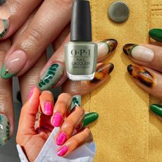 collage of oval nail designs with green polish, blue polish and pink polish