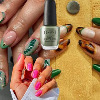 collage of oval nail designs with green polish, blue polish and pink polish