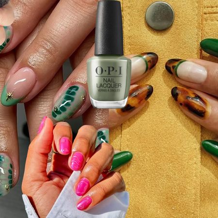 collage of oval nail designs with green polish, blue polish and pink polish