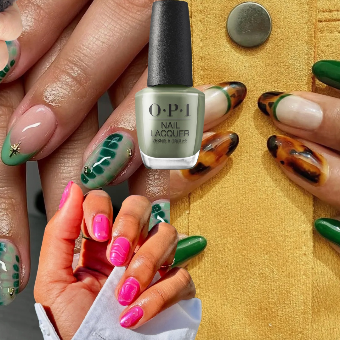 collage of oval nail designs with green polish, blue polish and pink polish