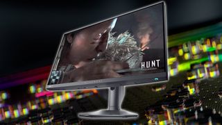 Alienware 500Hz monitor with colored hexagon backdrop