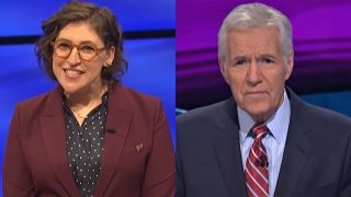 Mayim Bialik and Alex Trebek on Jeopardy!