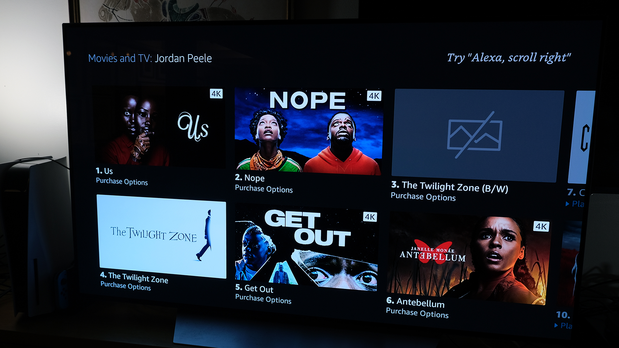 Los resultados de búsqueda de Jordan Peele en Fire TV OS en un televisor conectado al Amazon Fire TV Cube (2022)