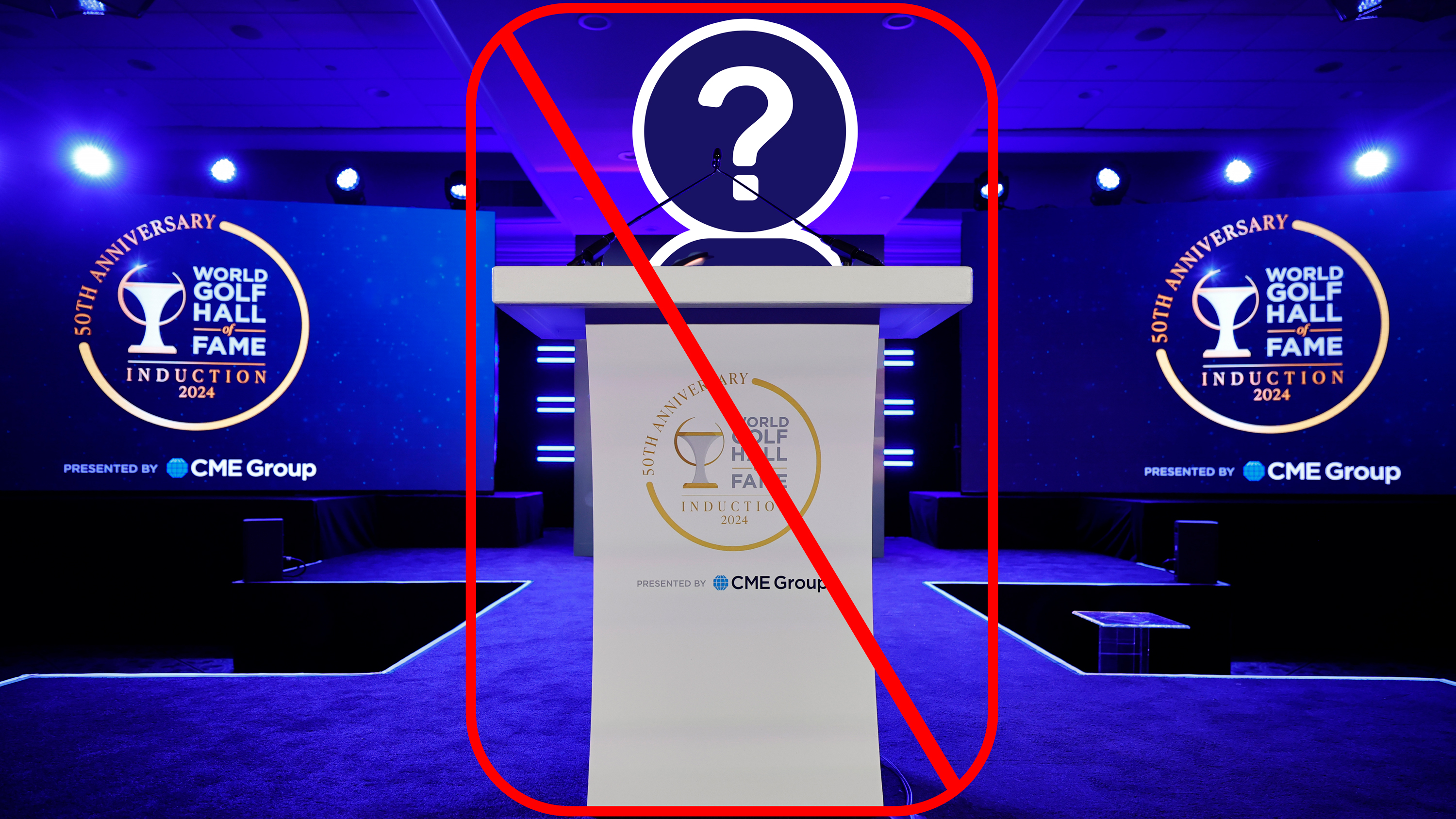The lectern on the stage at the World Golf Hall of Fame ceremony, with a mystery person standing behind inside a red box with a cross across the front to indicate omission