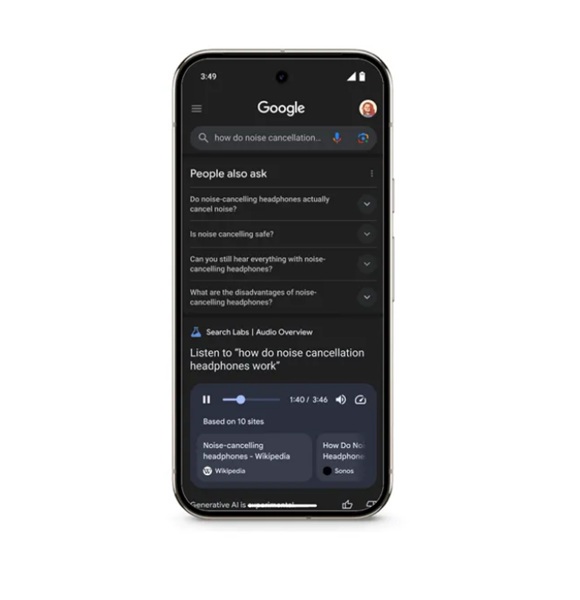 Google's AI Search Labs brings "Audio Overviews" to users, which displays its own section with a clickable audio file for bite-sized information from Gemini.