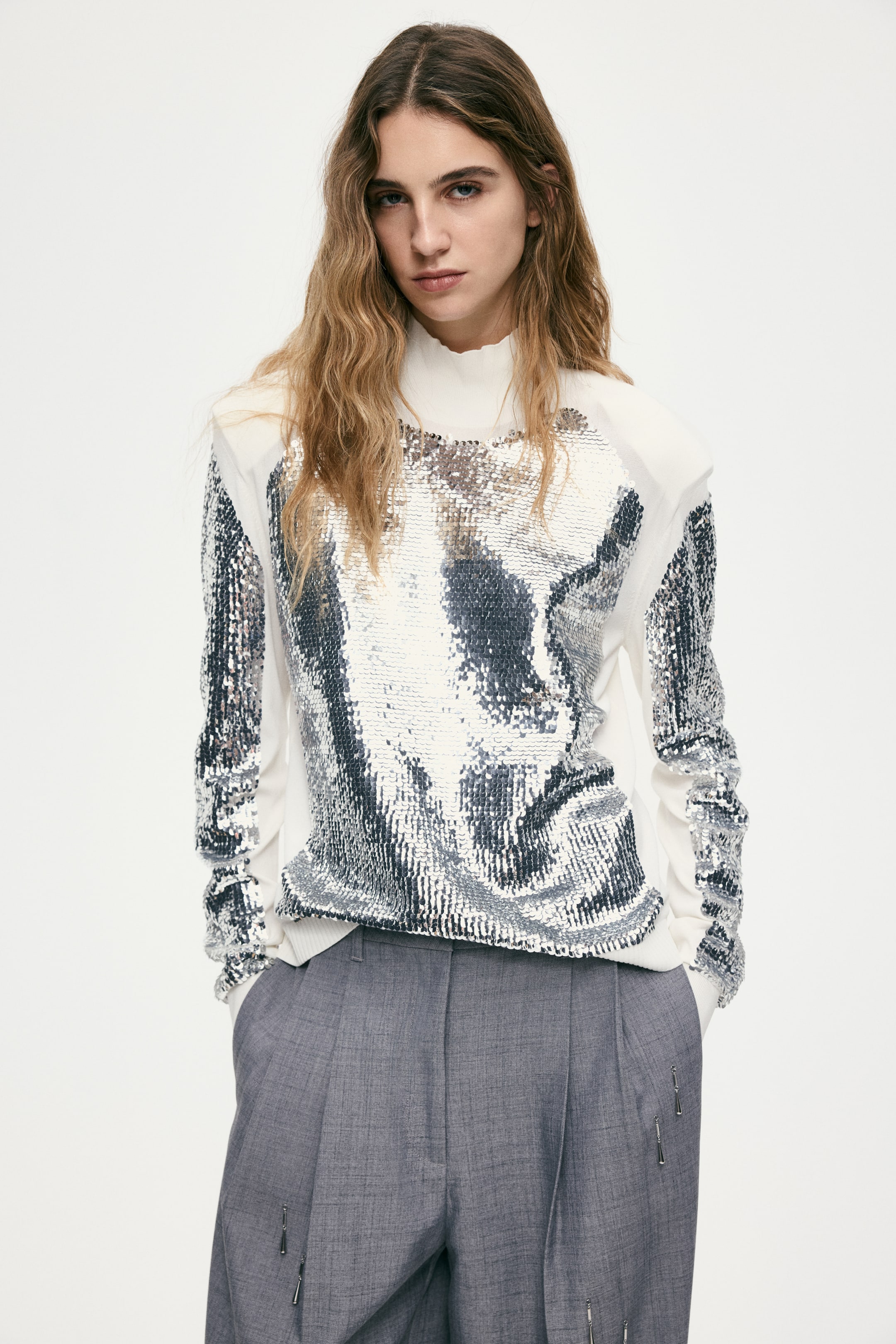 Sequined Shoulder-Pad Top - Cream/silver-Coloured