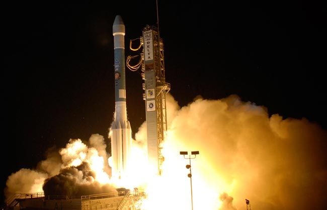 NASA's Phoenix Mars lander lifts off from Pad 17A aboard a Delta II 7925 rocket amid billows of smoke at Cape Canaveral Air Force Station at 5:26 a.m. EDT on Aug. 4, 2007.