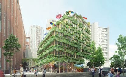 Graphic design of multi storey building with green balconies