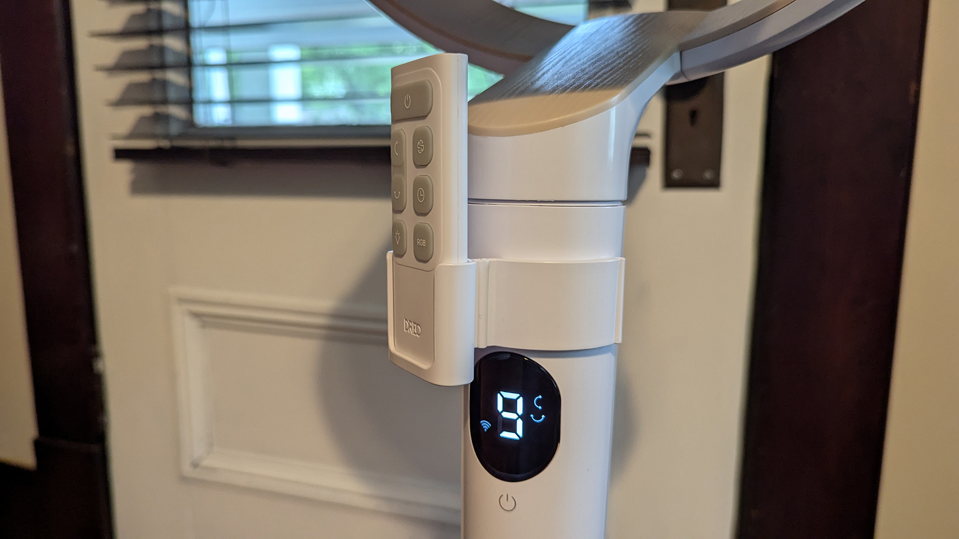 Close up of control screen and remote control on Dreo TurboPoly Fan 508S