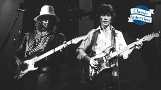 Bob Dylan and Robby Robertson perform onstage during The Last Waltz Thanksgiving Day, November 25, 1976, at Winterland Ballroom in San Francisco