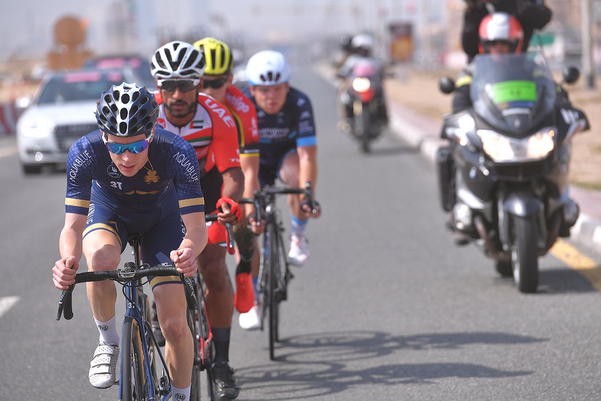 Daniel Pearson (Aqua Blue Sport) on the front at the Dubai Tour.
