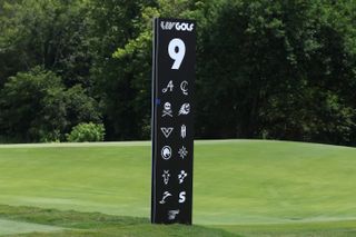 A black board with 13 LIV Golf logos