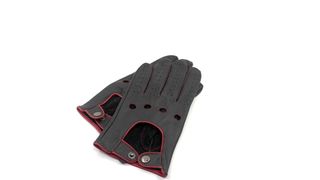 gray and red leather driving gloves