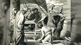 A black and write illustration from 1882 that shows that before the Battle of Drepana in 249 B.C., one of Rome's consuls, Publius Claudius Pulcher, consulted the sacred chickens.