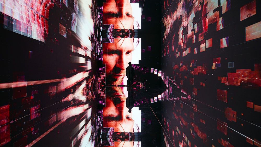 A photo of an AI-driven art installation based on a Lionel Messi goal