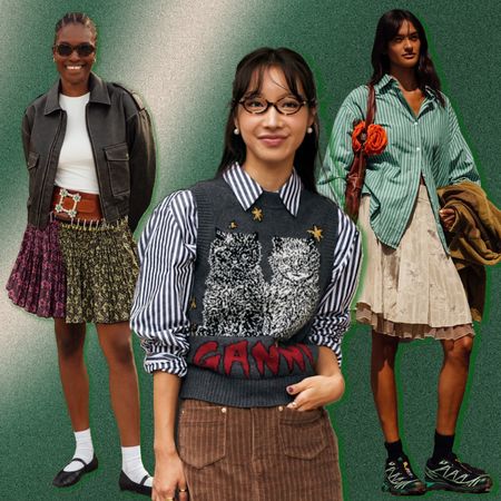 A collage of preppy outfits in street style featuring women wearing button down shirts, plaid pleated skirts, sweater vests, and ties