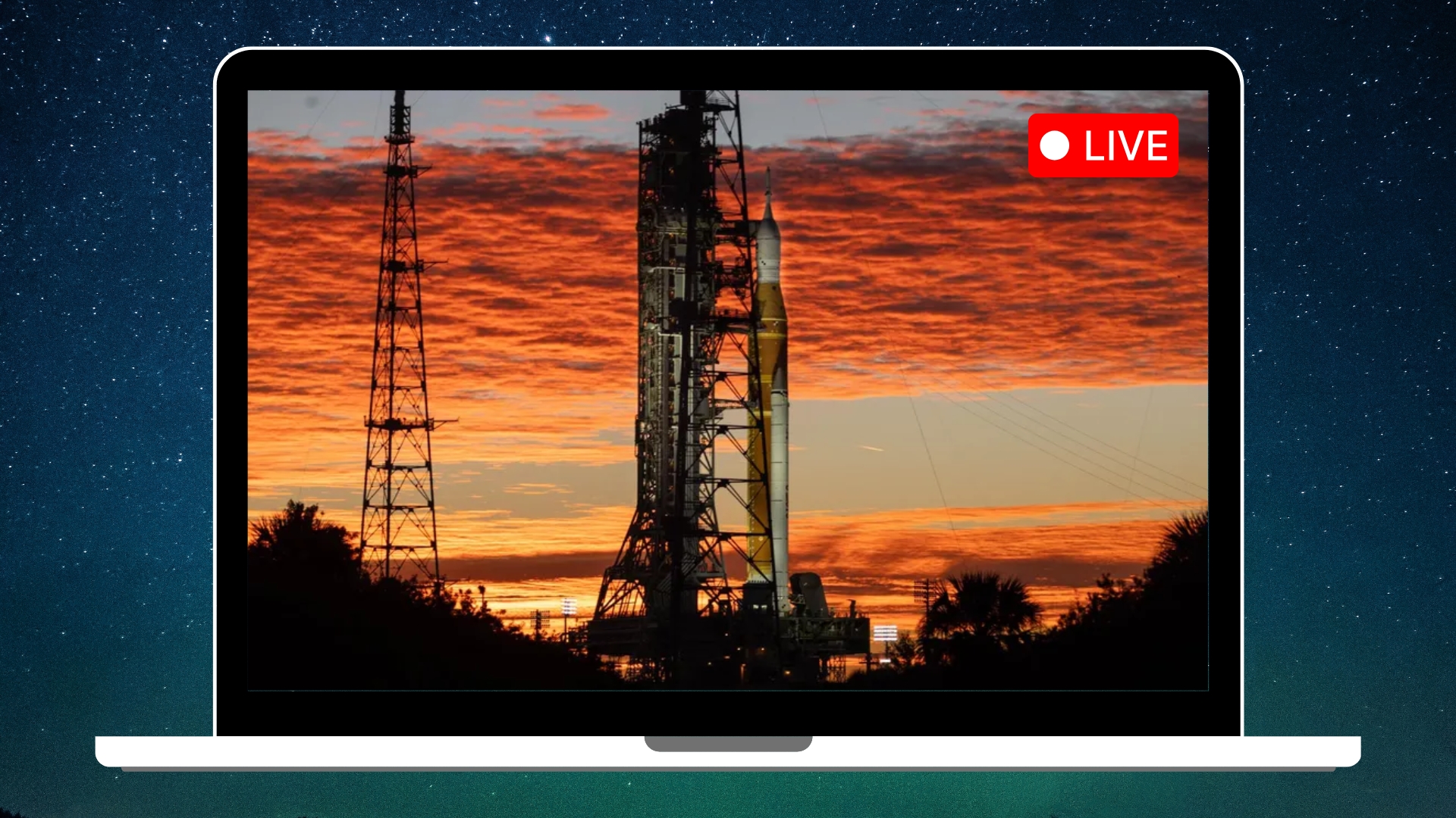 graphic showing Artemis 2 moon rocket on launch pad with a "live" graphic in the top right corner. The whole scene is on a laptop screen conveying that you can watch Artemis 2 launch live online.