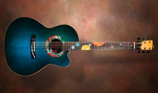 Linda’s custom models, such as this ‘Space Odyssey’ cutaway acoustic, walk the line between lutherie and art.