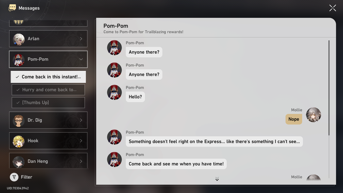Honkai: Star Rail text messages.