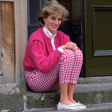 Princess Diana in a pink cardigan and gingham trousers sitting on the steps of Highgrove House