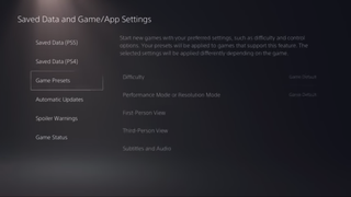 PS5 Game Presets menu