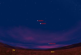 This sky map shows the locations of planets Jupiter, Venus and Mercury in the evening sky just after sunset on March 8, 2012 to observers at mid-northern latitudes.