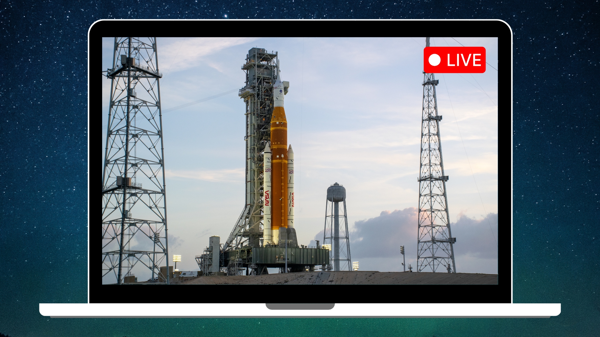 a vector image of a laptop screen with a photo of the artemis 2 sls rocket sitting on the launch pad ready for launch there is a red "live" sign in the top right corner.