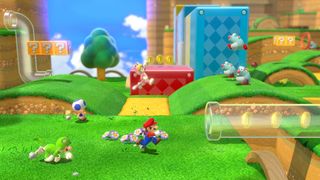 A screenshot from Super Mario 3D World showing Mario running into a pipe