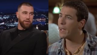 Travis Kelce talking on The Tonight Show, pictured next to Adam Sandler looking upset in Happy Gilmore.